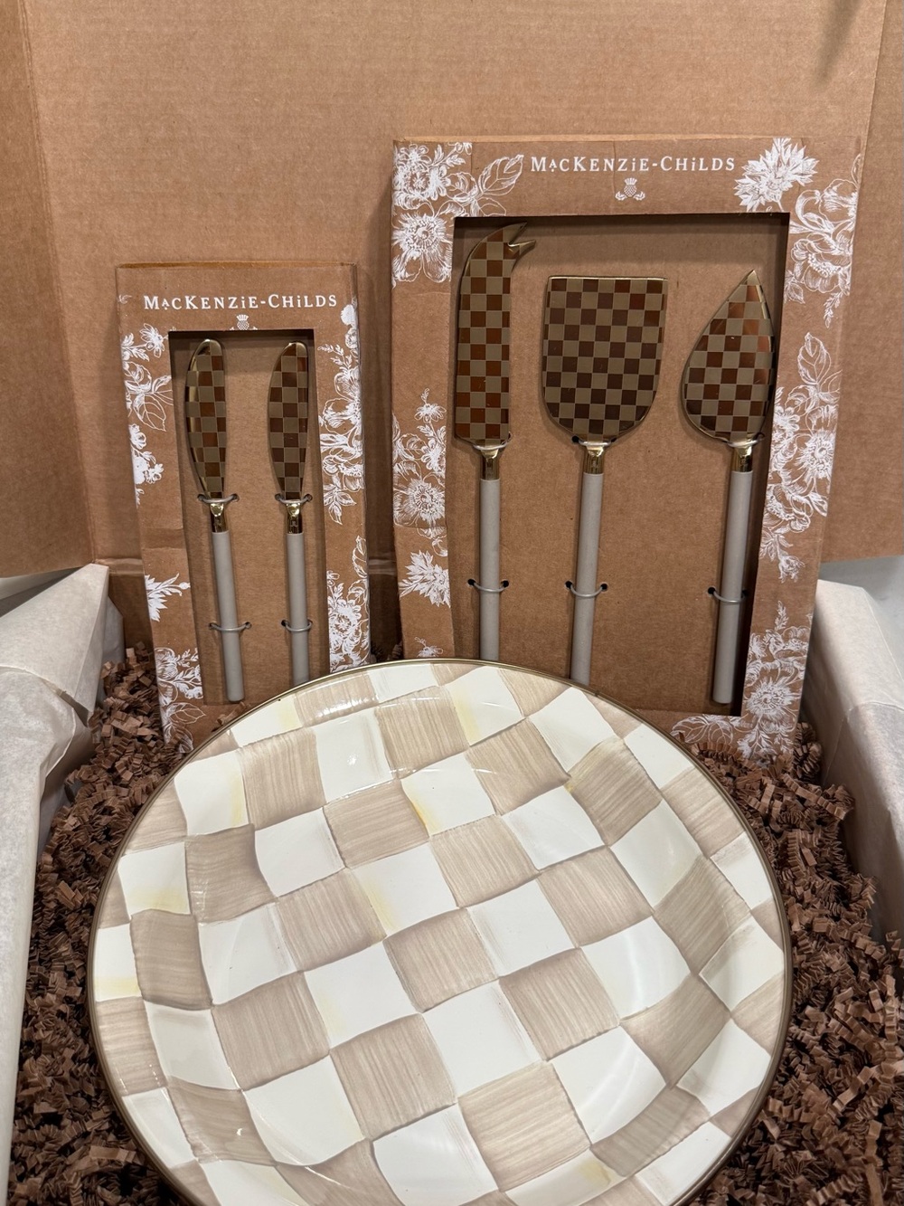 MacKenzie-Childs Mocha Check Serveware with Gold Accents